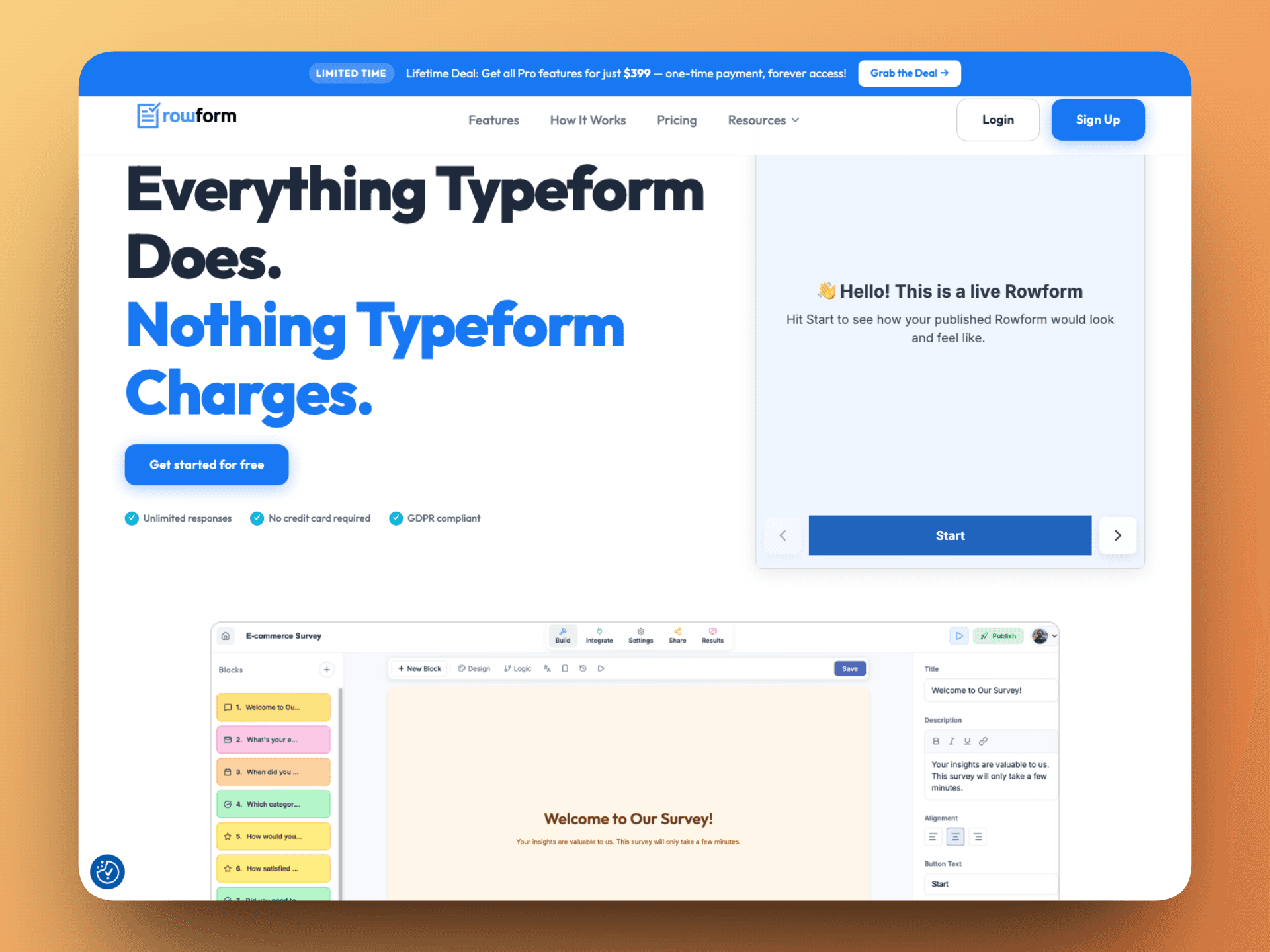 Homepage preview with Rowform's builder interface shown directly on the page.
