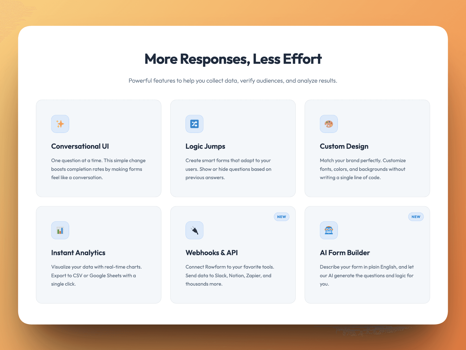 Feature section highlighting conversational UI, logic jumps, webhooks, and the AI form builder.