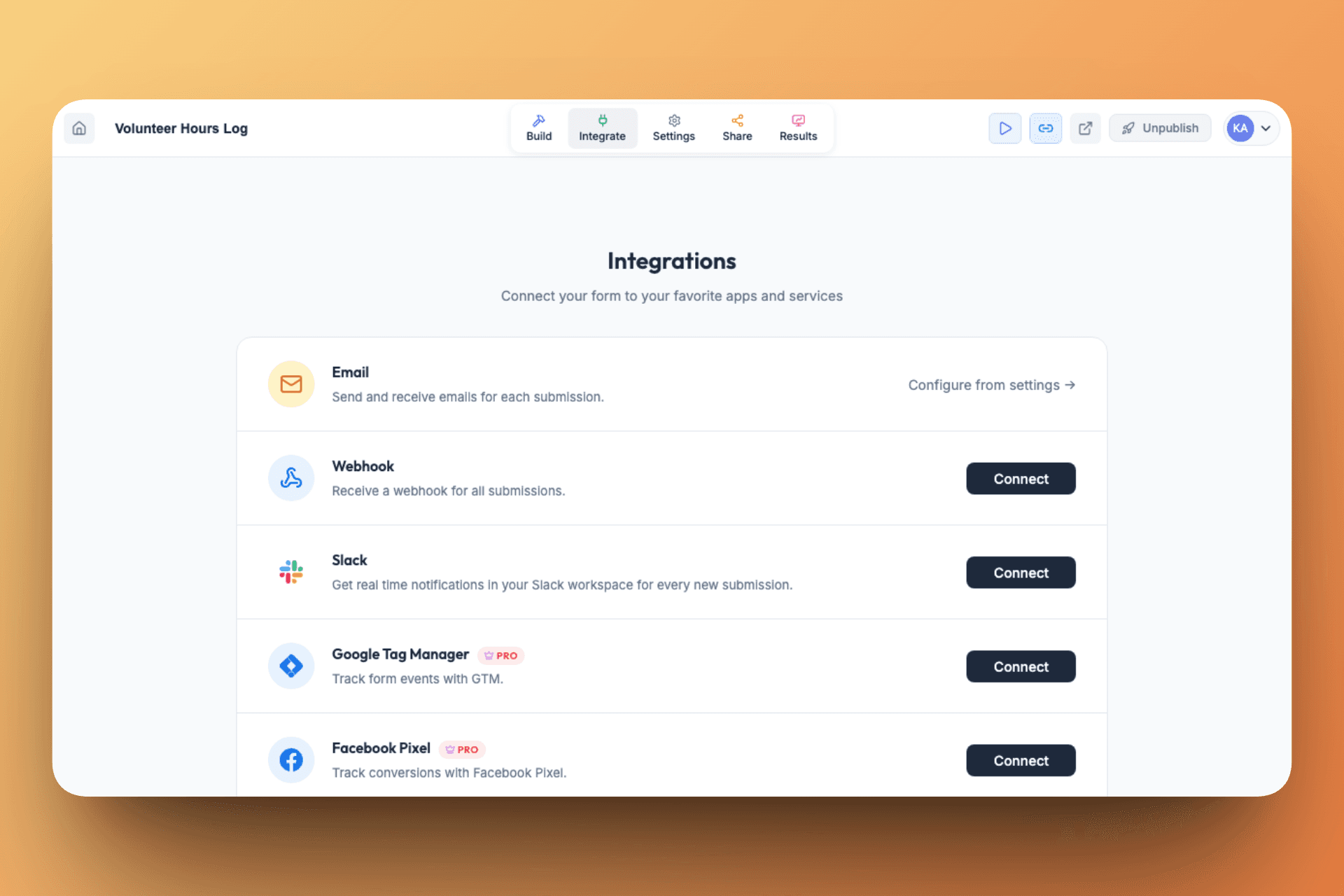 Inside the logged-in app, Rowform exposes integrations for email, webhooks, Slack, GTM, Facebook Pixel, Zapier, Calendly, and Cal.com.