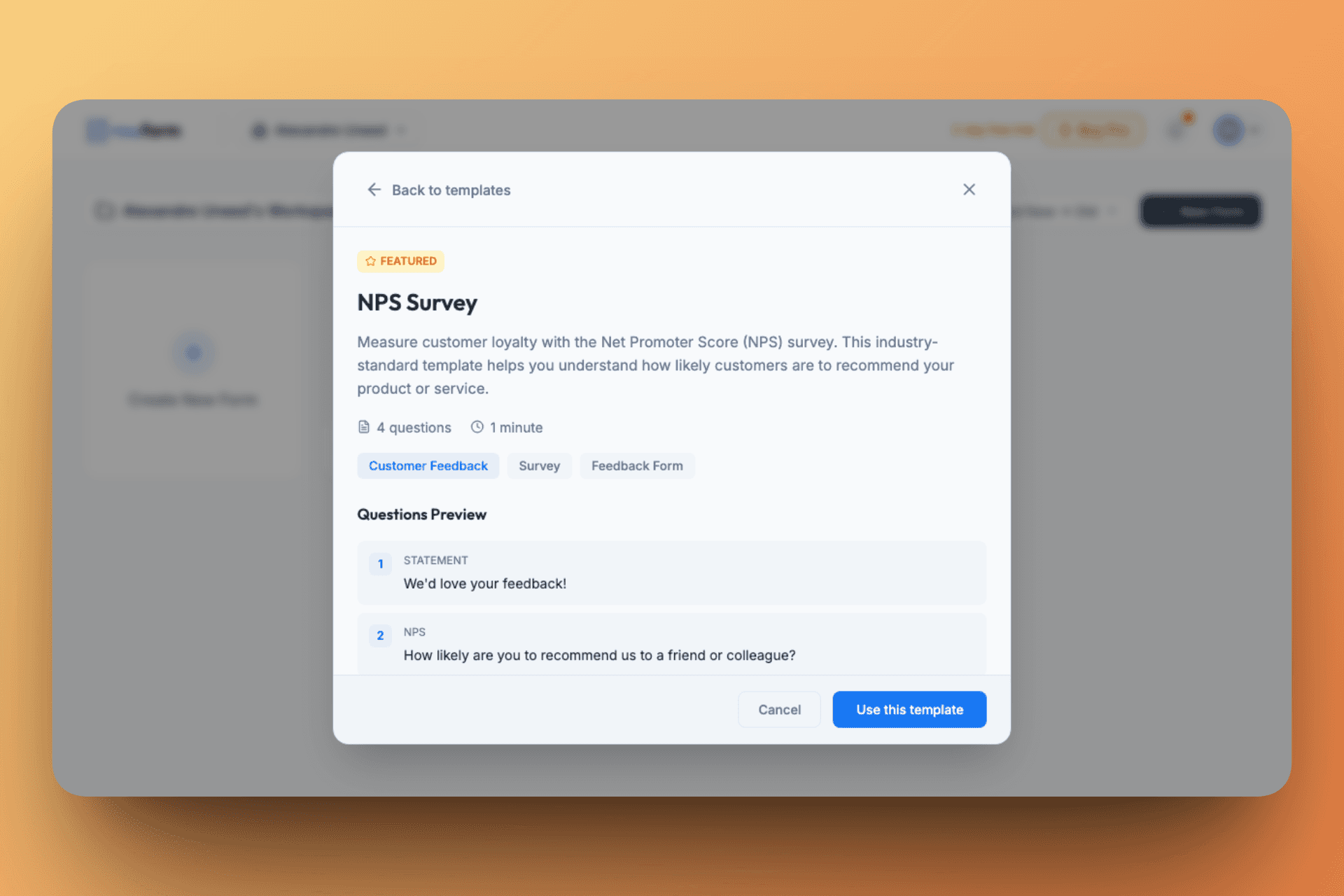 Template preview screens make it easier to evaluate a form before adding it to your workspace.