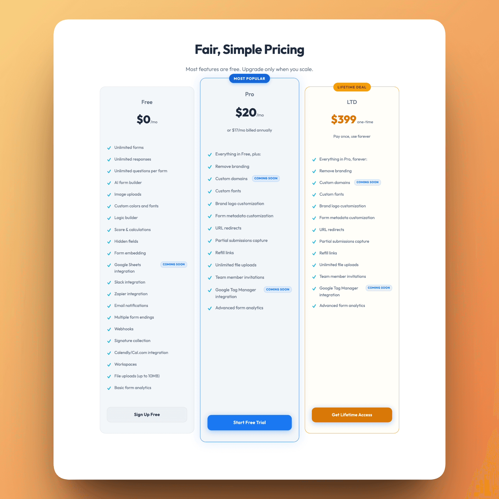 Pricing section with a generous free plan, a simple $20/month Pro tier, and a $399 lifetime deal.