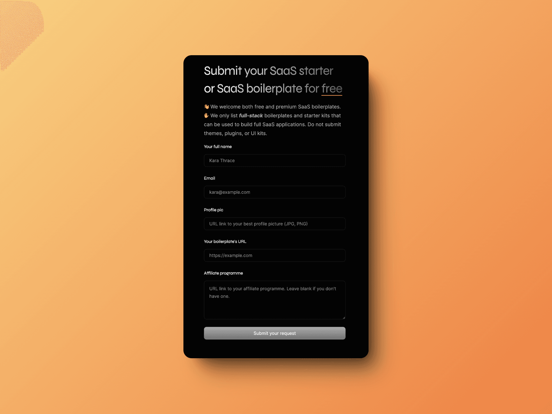 Best SaaS Boilerplates submission form