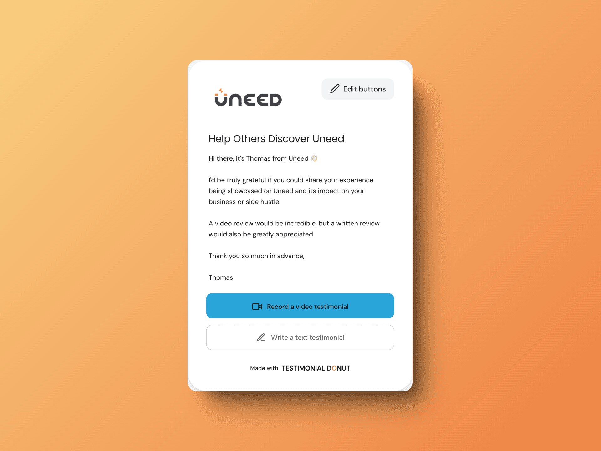 Testimonial Donut review - Welcome step