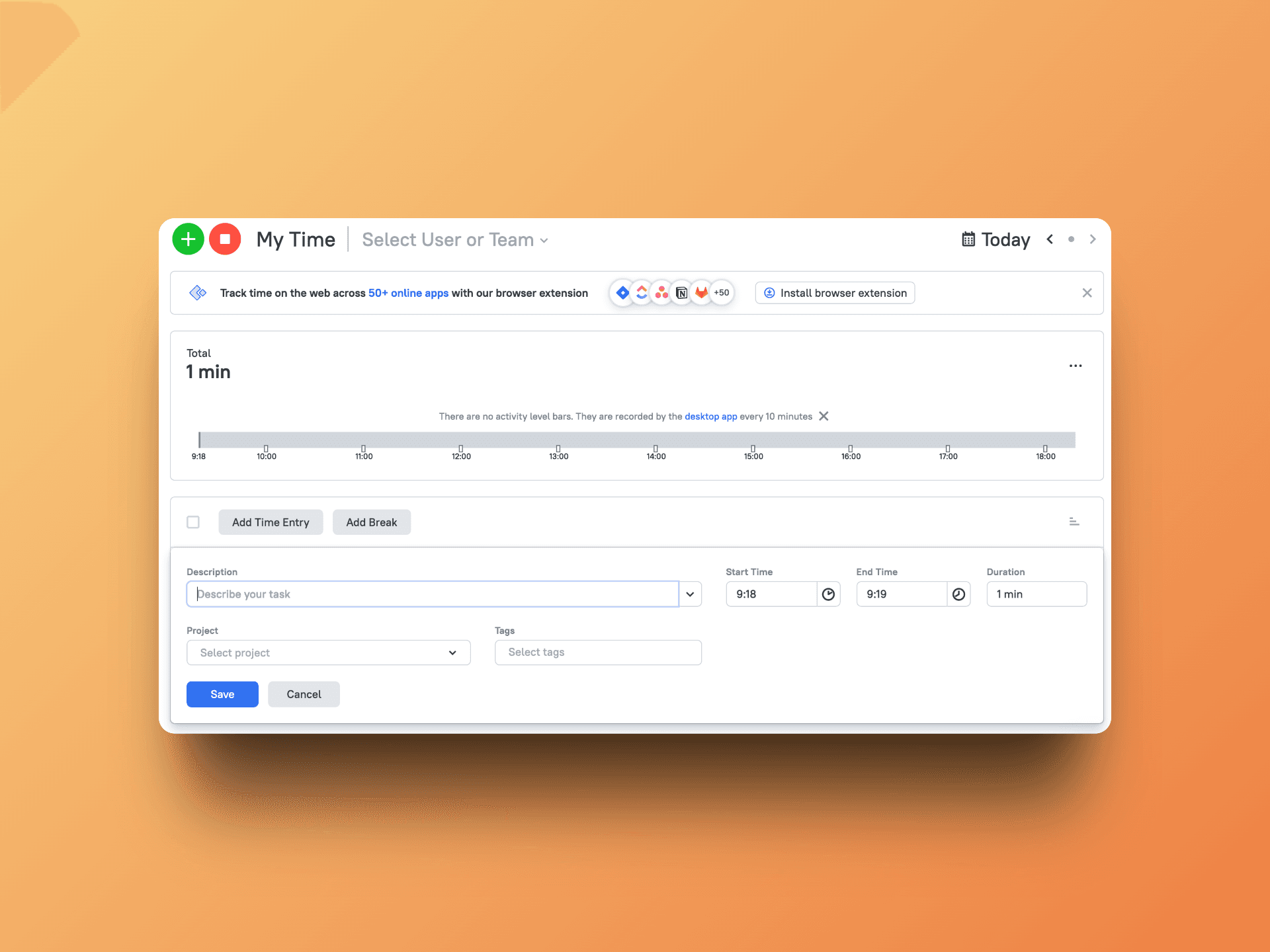 Clean time tracking interface with running timer