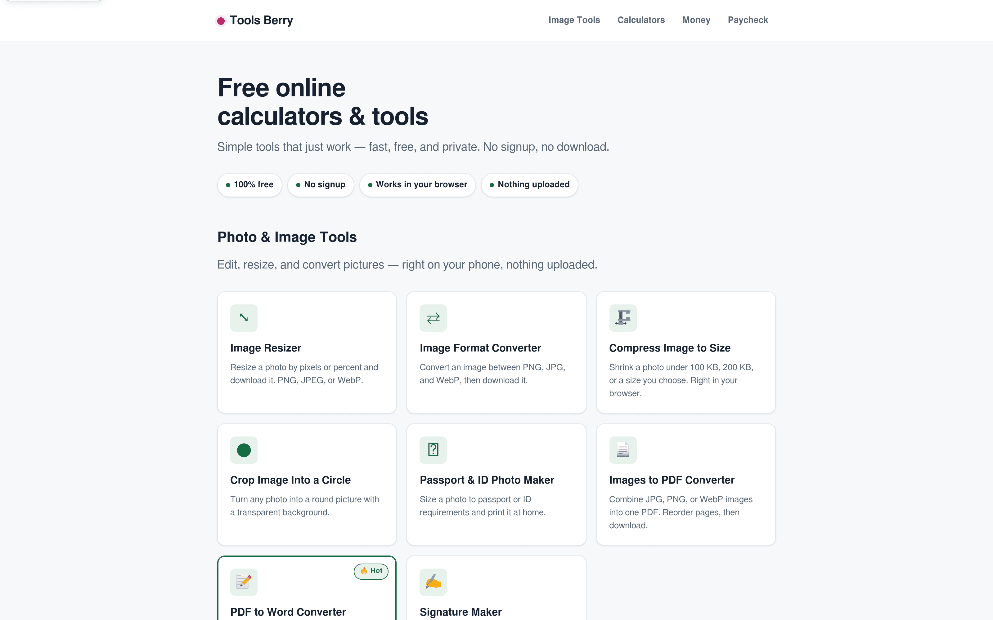 The Tools Berry home page: one domain, a lot of tools, no signup wall.