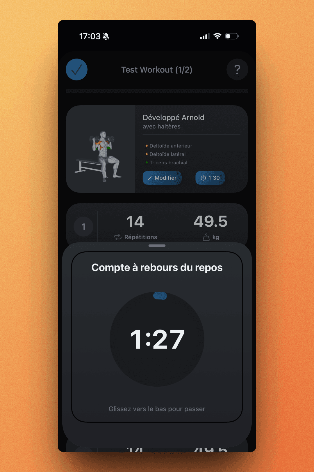 Active workout with rest timer countdown