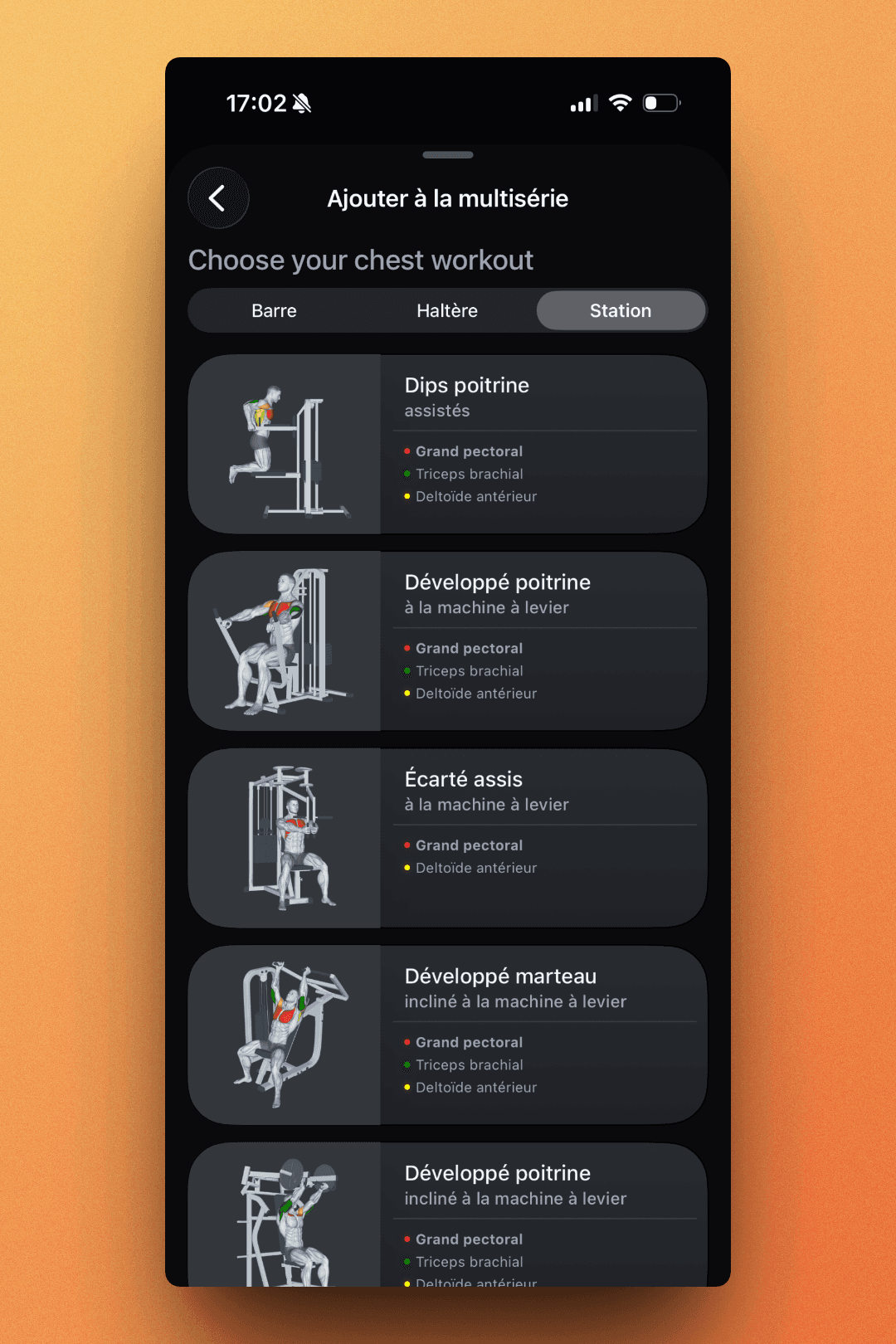 Exercise selection filtered by equipment type