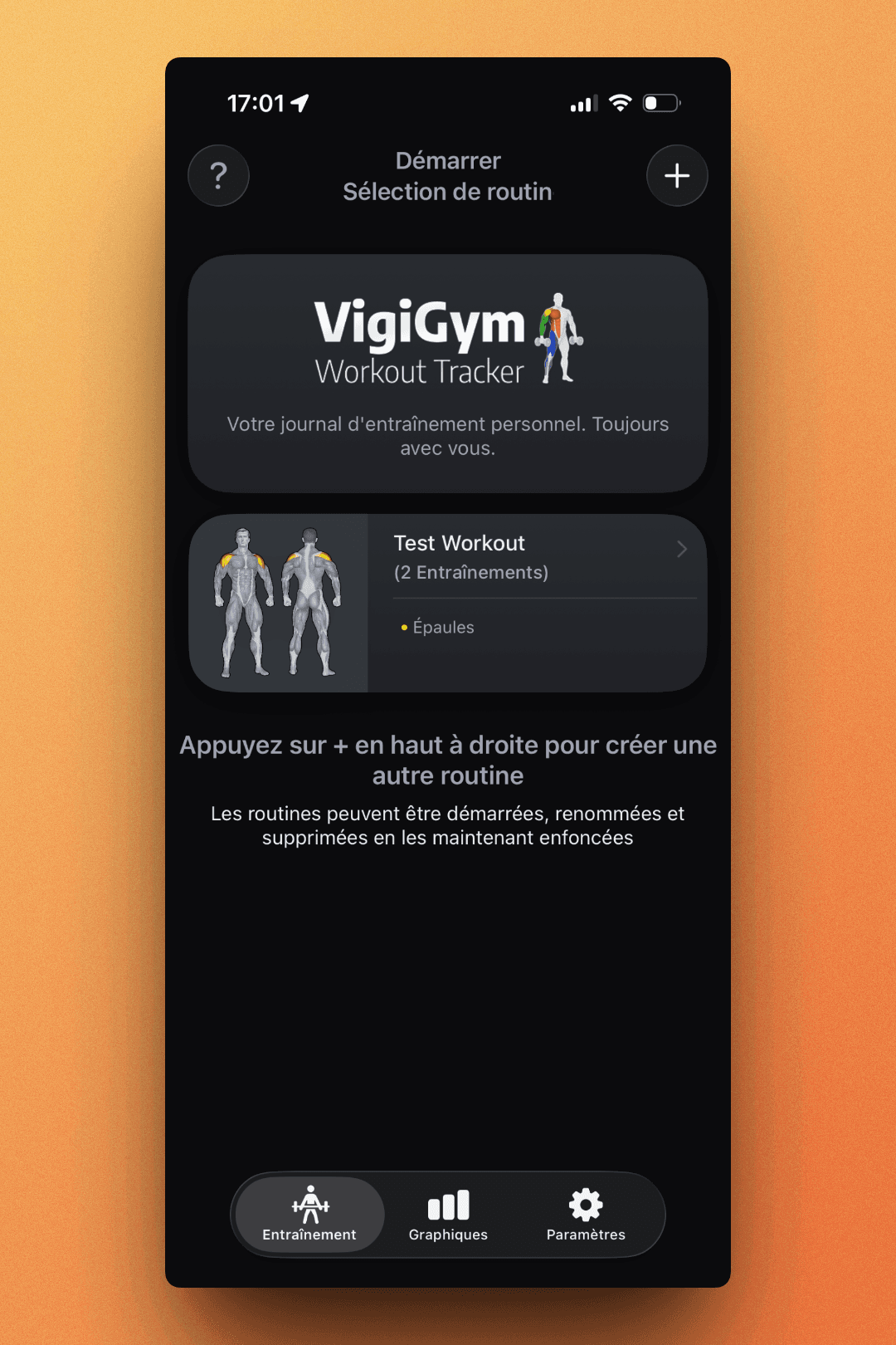 VigiGym's home screen with routine selection