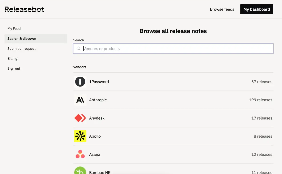 Releasebot screenshot 2