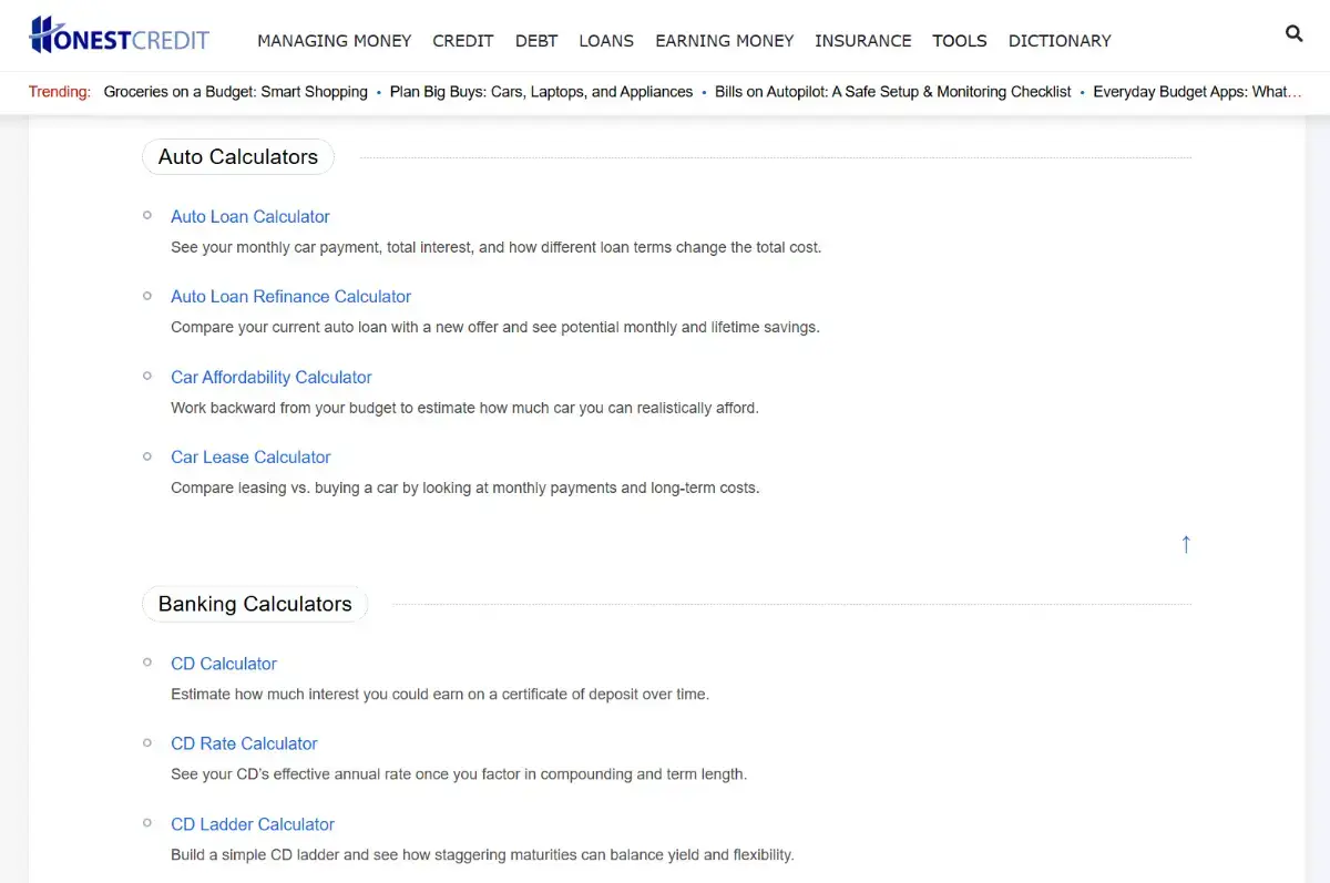 HonestCredit Financial Calculators screenshot 2