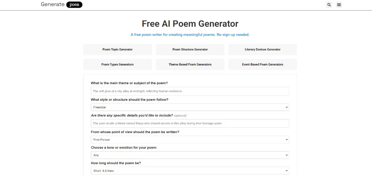 Generatepoem.io screenshot 1
