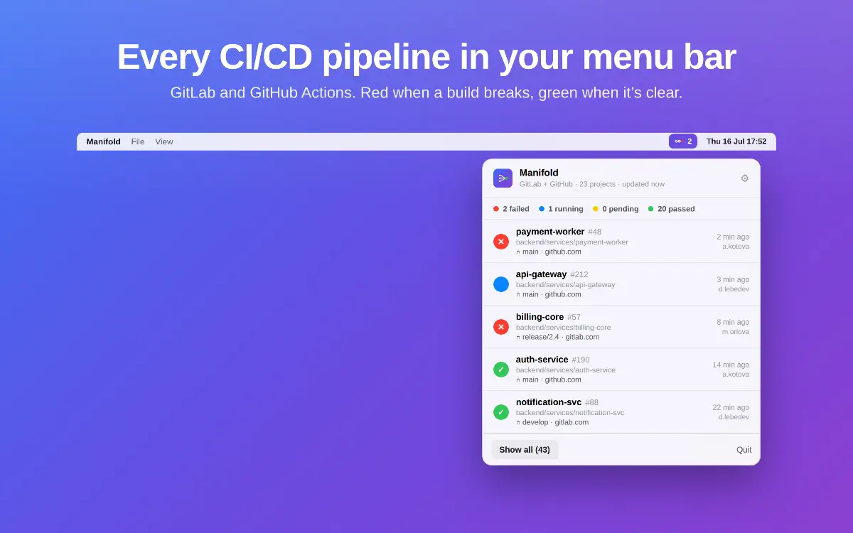 ManifoldCI - Pipelines Monitor for Mac screenshot 1