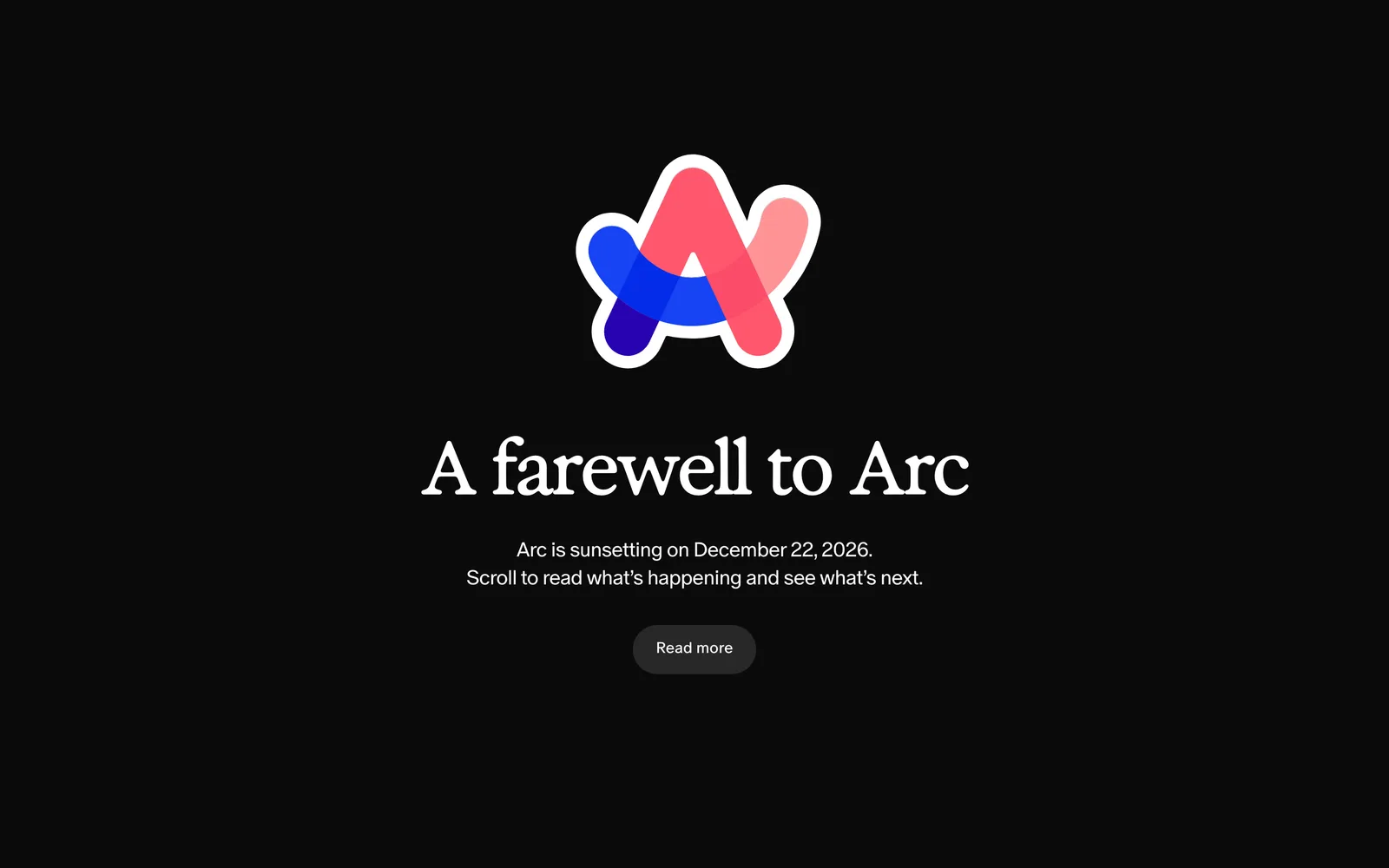 The arc.net homepage announcing that Arc is sunsetting on December 22, 2026